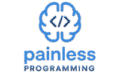 Painless programming logo. Image of a brain with code brackets inside it and painless programming written below
